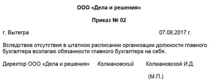 Возложение обязанностей главного бухгалтера на руководителя Модель модели