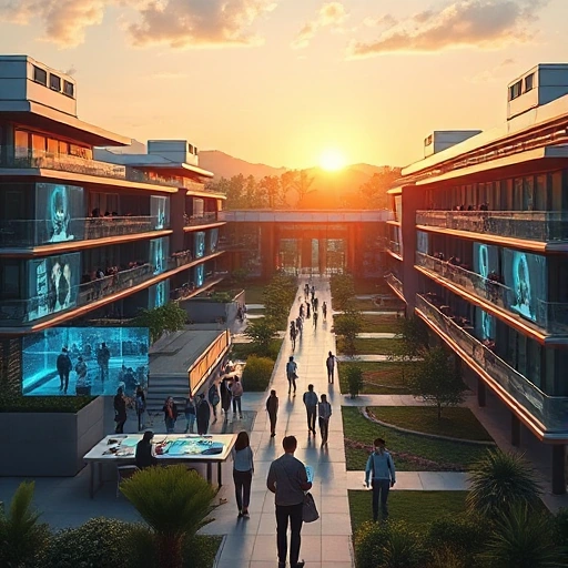 A futuristic university campus with holographic classrooms, AI tutors guiding diverse students, floating digital books, and sustainable architecture blending nature and technology, all under a soft golden sunrise