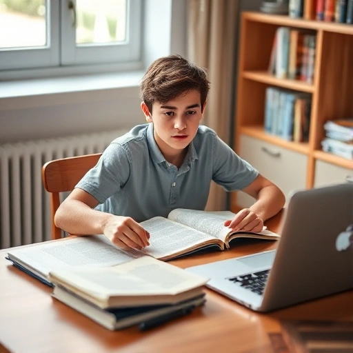 A focused student sitting at a wooden desk with open textbooks, notebooks, and a laptop, surrounded by soft natural light from a window, highlighting calm determination and organized study materials, no text visible on any surfaces
