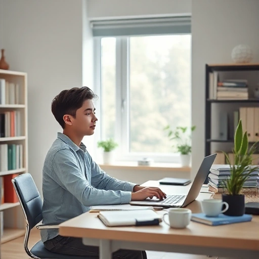 A student sitting at a desk in a modern, well-lit study space, surrounded by books, a laptop, and notes, showing focused concentration while adapting to new learning conditions; soft natural light from a window, calm and supportive atmosphere, subtle details like a coffee mug and plant on the desk, realistic but slightly idealized, smallHQ style