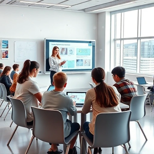 A modern classroom with students using tablets and laptops, interactive whiteboard displaying educational content, teacher guiding a group activity, bright natural light from large windows, futuristic yet realistic educational environment, diverse students engaged in collaborative learning, subtle digital overlays showing data flow and connectivity symbols in the air, clean and inspiring atmosphere