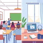 A split-screen illustration comparing traditional education and online courses: on the left, a classic classroom with wooden desks, a chalkboard, students raising hands, and a teacher pointing at a diagram; on the right, a modern home workspace with a laptop showing a video lecture, headphones, a notebook, and a coffee mug, with soft natural light from a window; both sides connected by subtle glowing lines symbolizing knowledge transfer, balanced composition, warm and inviting tones, no text or