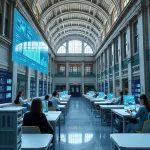 A modern university campus with digital transformation elements: holographic displays showing data analytics, students using tablets and VR headsets in smart classrooms, AI-powered robots assisting in labs, seamless integration of technology into historic architecture, bright futuristic lighting, clean minimalist design, high detail, professional photography style