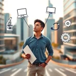 A thoughtful young adult standing at a crossroads in a modern cityscape, holding a university diploma in one hand and looking toward diverse career paths symbolized by subtle icons: a microscope, a laptop with code, a paintbrush, a stethoscope, and a gear, all floating gently in the air like soft glows, warm natural lighting, realistic but slightly idealized, shallow depth of field, focus on the person's contemplative expression