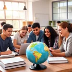 A diverse group of students of different ages and ethnicities studying together in a bright, modern classroom with books, laptops, and a globe on the desk, sunlight streaming through large windows, symbolizing education as the key to success, uplifting and inspirational atmosphere