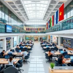 A modern university campus with diverse students studying in high-tech classrooms, collaborative workspaces, and research labs, featuring sustainable architecture, digital displays, and global flags symbolizing international cooperation, all in a clean, professional, and inspiring atmosphere