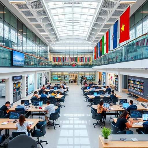 A modern university campus with diverse students studying in high-tech classrooms, collaborative workspaces, and research labs, featuring sustainable architecture, digital displays, and global flags symbolizing international cooperation, all in a clean, professional, and inspiring atmosphere