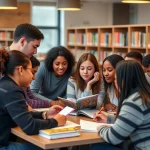 A diverse group of students and mentors engaged in a supportive learning environment, showing one-on-one guidance, collaborative discussion, and knowledge sharing in a modern classroom or library setting with books, laptops, and notebooks, warm lighting, inclusive atmosphere
