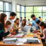 A diverse group of students and teachers engaged in collaborative research activities in a modern classroom, with books, laptops, microscopes, and diagrams on tables, natural light from large windows, expressions of curiosity and focus, educational environment emphasizing inquiry and discovery