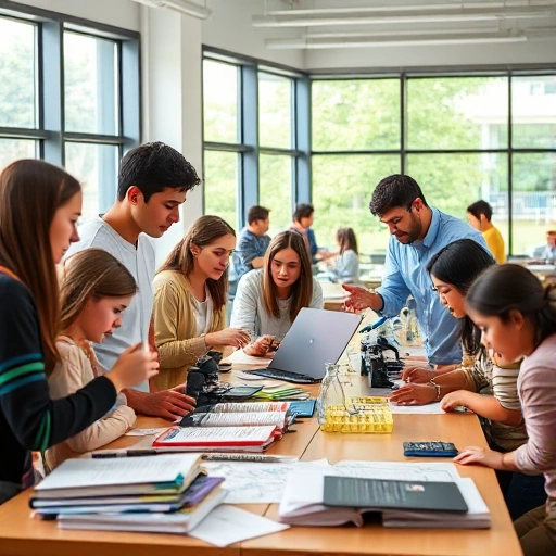 A diverse group of students and teachers engaged in collaborative research activities in a modern classroom, with books, laptops, microscopes, and diagrams on tables, natural light from large windows, expressions of curiosity and focus, educational environment emphasizing inquiry and discovery