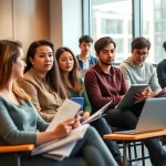 A group of diverse university students sitting in a modern classroom, engaged in discussion, holding notebooks and laptops, expressing thoughtful and varied perspectives, natural lighting, realistic style, focus on facial expressions and body language showing active dialogue