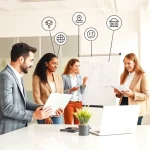 A modern, diverse group of professionals collaborating in a bright office space, showing skills like digital literacy, communication, adaptability, and teamwork — one person using a laptop with data visualizations, another presenting ideas on a whiteboard, a third engaging in a video call, and a fourth taking notes — all dressed in business-casual attire, with subtle icons of soft skills (like empathy, problem-solving) floating gently above them in a minimalist, clean aesthetic