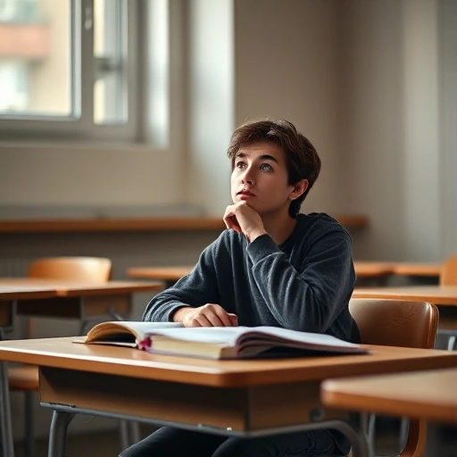 A thoughtful student sitting at a desk in a quiet classroom, surrounded by soft natural light from a window, with books and notebooks open, showing concentration and calm focus, subtle facial expression reflecting introspection and emotional engagement in learning, warm muted tones, minimalistic composition, no text or symbols