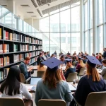 A modern university campus with diverse students studying in a bright library, professors giving lectures in a high-tech classroom, and a graduation ceremony with diplomas being handed out, symbolizing the evaluation of higher education quality