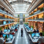 A modern university campus with futuristic classrooms, students using holographic displays and VR headsets, professors teaching with AI-assisted tools, digital libraries, and sustainable architecture, symbolizing innovation in higher education
