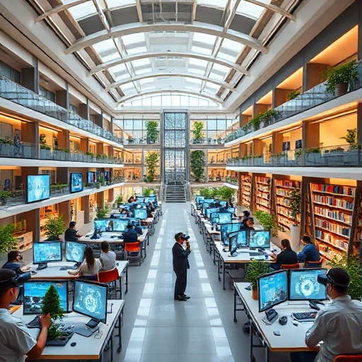 A modern university campus with futuristic classrooms, students using holographic displays and VR headsets, professors teaching with AI-assisted tools, digital libraries, and sustainable architecture, symbolizing innovation in higher education