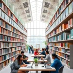 A modern university campus with diverse students studying in a bright library, collaborative group work in a tech-equipped classroom, and professors mentoring in a research lab, symbolizing innovation, inclusivity, and academic excellence in higher education development trends