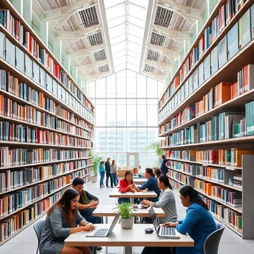 A modern university campus with diverse students studying in a bright library, collaborative group work in a tech-equipped classroom, and professors mentoring in a research lab, symbolizing innovation, inclusivity, and academic excellence in higher education development trends
