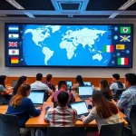 A diverse group of university students from different continents studying together in a modern, interconnected classroom with digital screens showing global maps, international flags, and symbols of academic collaboration like books, laptops, and video conferencing icons, representing the globalization of higher education