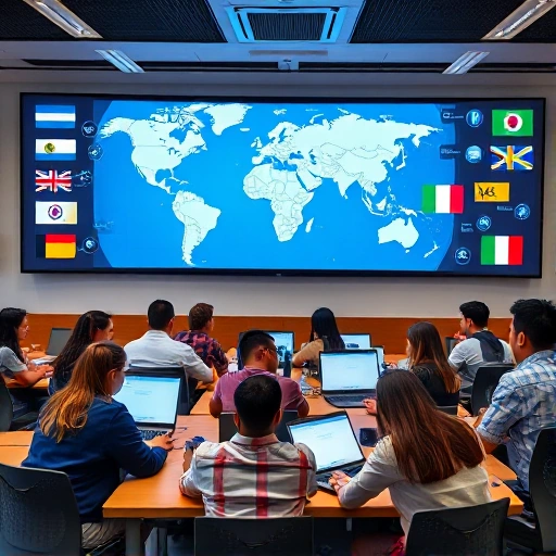 A diverse group of university students from different continents studying together in a modern, interconnected classroom with digital screens showing global maps, international flags, and symbols of academic collaboration like books, laptops, and video conferencing icons, representing the globalization of higher education