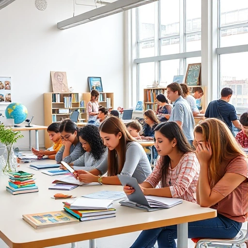 A modern, diverse classroom with students of various ages and ethnicities engaged in collaborative learning using digital devices, books, and hands-on projects; bright natural light from large windows, minimalist design, subtle educational symbols like globes and gears in the background, no text or signage visible