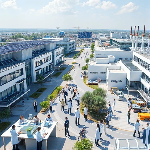 A modern university campus seamlessly connected to a high-tech industrial complex, with students in lab coats collaborating with engineers on robotics and AI projects, shared classrooms and workshops, solar-paneled buildings, digital screens showing real-time data flows between academia and industry, diverse group of young professionals and scholars working together in bright, open spaces, symbolizing the integration of education and industry