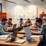 A modern classroom with students studying finance, showing charts, graphs, laptops, and textbooks on desks, warm lighting, diverse group of learners, professional atmosphere, subtle background elements like a whiteboard with financial formulas and a piggy bank on a shelf