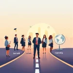 A modern, professional illustration showing a diverse group of recent university graduates in business casual attire, standing at a crossroads with multiple paths labeled 'Career Growth', 'Further Education', 'Entrepreneurship', and 'Global Opportunities', each path illuminated by soft light, with subtle icons like briefcases, books, lightbulbs, and globes floating above them; the background is a clean, abstract city skyline at sunrise, symbolizing new beginnings; style: smallHQ