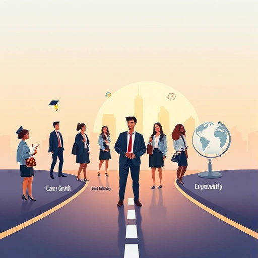 A modern, professional illustration showing a diverse group of recent university graduates in business casual attire, standing at a crossroads with multiple paths labeled 'Career Growth', 'Further Education', 'Entrepreneurship', and 'Global Opportunities', each path illuminated by soft light, with subtle icons like briefcases, books, lightbulbs, and globes floating above them; the background is a clean, abstract city skyline at sunrise, symbolizing new beginnings; style: smallHQ