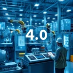 A futuristic industrial scene representing Industry 4.0: smart factory with interconnected machines, robotic arms, IoT sensors, data streams flowing between devices, digital twins, augmented reality interface hovering over a control panel, workers using tablets to monitor real-time analytics, all set in a clean, high-tech manufacturing environment with soft blue and silver lighting