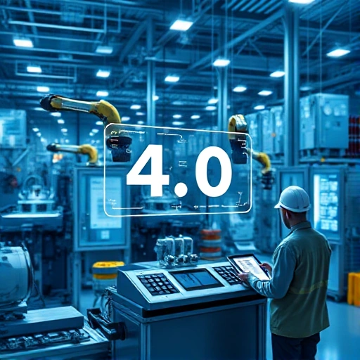 A futuristic industrial scene representing Industry 4.0: smart factory with interconnected machines, robotic arms, IoT sensors, data streams flowing between devices, digital twins, augmented reality interface hovering over a control panel, workers using tablets to monitor real-time analytics, all set in a clean, high-tech manufacturing environment with soft blue and silver lighting