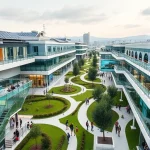 A modern university campus with futuristic architecture, students collaborating in high-tech labs, solar panels on rooftops, digital displays showing engineering projects, green spaces with walking paths, diverse group of young people in casual academic attire, soft natural lighting, clean and inspiring atmosphere