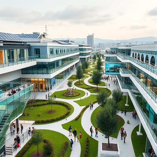 A modern university campus with futuristic architecture, students collaborating in high-tech labs, solar panels on rooftops, digital displays showing engineering projects, green spaces with walking paths, diverse group of young people in casual academic attire, soft natural lighting, clean and inspiring atmosphere
