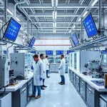 A modern engineering research facility with scientists and engineers collaborating in a high-tech laboratory, featuring advanced machinery, digital screens displaying data, and innovative engineering projects in progress, symbolizing scientific research and development for engineering, in a clean, professional, and inspiring environment