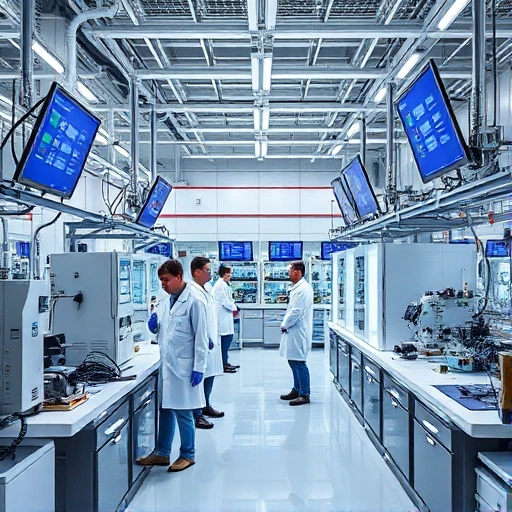 A modern engineering research facility with scientists and engineers collaborating in a high-tech laboratory, featuring advanced machinery, digital screens displaying data, and innovative engineering projects in progress, symbolizing scientific research and development for engineering, in a clean, professional, and inspiring environment