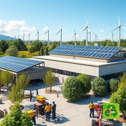 A modern sustainable manufacturing facility with solar panels on the roof, wind turbines in the background, green trees surrounding the plant, workers in eco-friendly uniforms monitoring automated production lines, clean energy symbols like recycling icons and leaf motifs subtly integrated into the architecture, bright daylight, high detail, realistic rendering