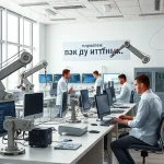 A modern university laboratory with students and professors working on advanced engineering projects, featuring robotic arms, 3D printers, computer screens displaying code and schematics, and a banner in Russian reading 'tuvpoliteh: как это работает' subtly integrated into the background wall design, bright natural light from large windows, clean minimalist aesthetic, high detail, realistic rendering