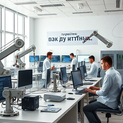 A modern university laboratory with students and professors working on advanced engineering projects, featuring robotic arms, 3D printers, computer screens displaying code and schematics, and a banner in Russian reading 'tuvpoliteh: как это работает' subtly integrated into the background wall design, bright natural light from large windows, clean minimalist aesthetic, high detail, realistic rendering