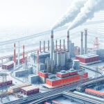 A modern industrial complex with factories, power plants, and transportation networks symbolizing economic impact, featuring subtle elements of technology and growth, in a clean, professional visual style