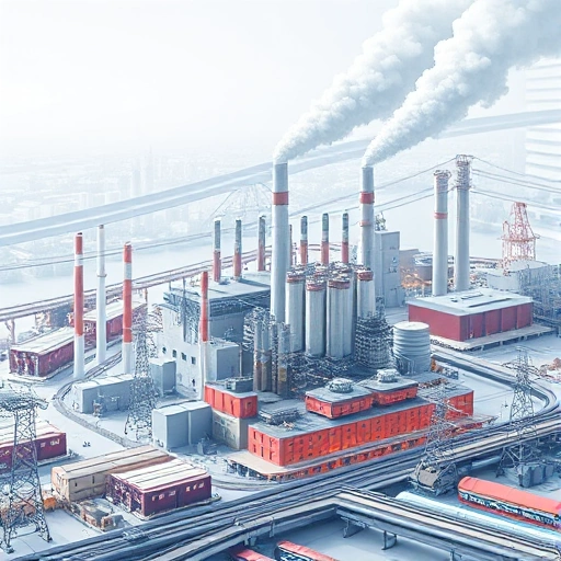 A modern industrial complex with factories, power plants, and transportation networks symbolizing economic impact, featuring subtle elements of technology and growth, in a clean, professional visual style