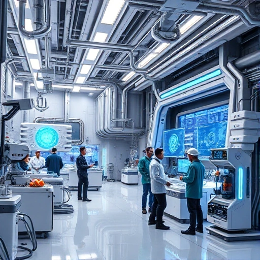 A futuristic engineering laboratory with advanced robotics, holographic displays, and sleek metallic structures, featuring engineers in modern workwear collaborating on innovative technology projects, glowing blue energy cores, and floating data streams, all rendered in a clean, high-tech aesthetic
