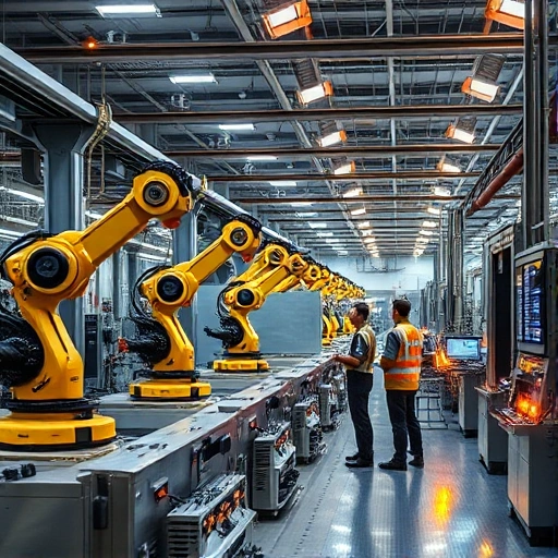 A modern industrial facility with advanced technology, featuring robotic arms, automated production lines, digital control panels, and engineers in high-tech workwear monitoring systems, set in a clean, well-lit factory environment with sleek metallic surfaces and glowing data displays, representing tuvpoliteh in industry: modern technologies