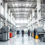 A modern industrial facility with clean, professional architecture, showcasing high-quality manufacturing equipment and workers in uniform performing precise tasks, symbolizing product and service reliability and excellence, subtle TuVPoliteh branding integrated into the environment, bright natural lighting, detailed textures, realistic style