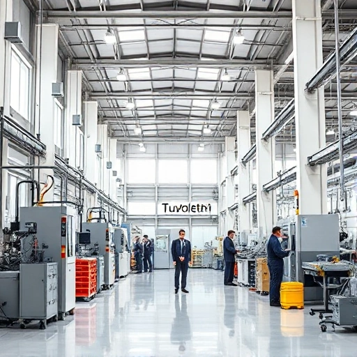 A modern industrial facility with clean, professional architecture, showcasing high-quality manufacturing equipment and workers in uniform performing precise tasks, symbolizing product and service reliability and excellence, subtle TuVPoliteh branding integrated into the environment, bright natural lighting, detailed textures, realistic style