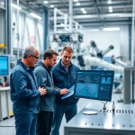 A modern engineering team in a high-tech industrial setting, collaborating on process optimization with digital dashboards, flowcharts, and robotic automation in the background, symbolizing 'tuvpoliteh и оптимизация процессов' — clean, professional, minimalist, with subtle academic and technological motifs
