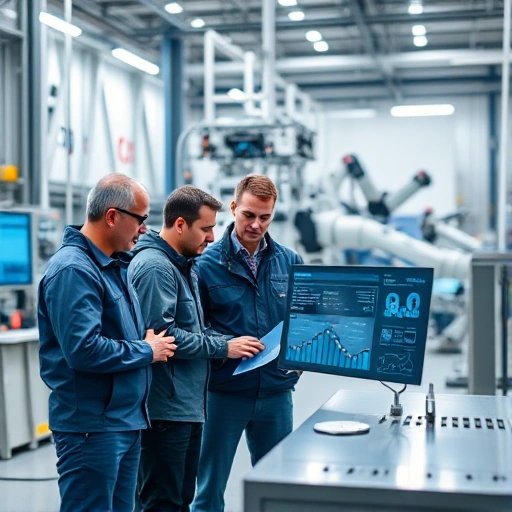 A modern engineering team in a high-tech industrial setting, collaborating on process optimization with digital dashboards, flowcharts, and robotic automation in the background, symbolizing 'tuvpoliteh и оптимизация процессов' — clean, professional, minimalist, with subtle academic and technological motifs