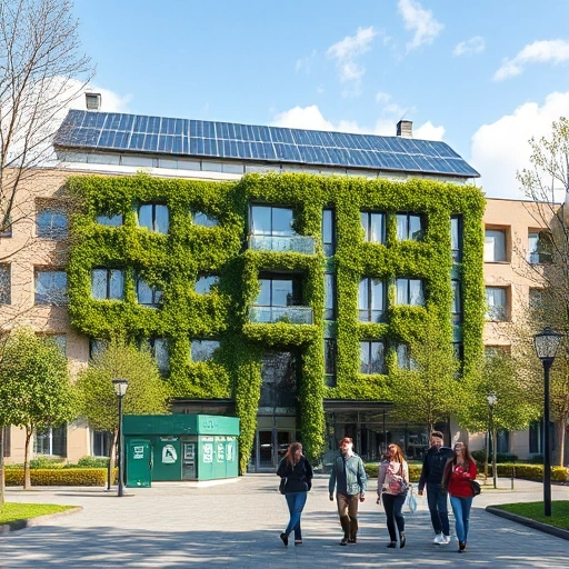 A modern university campus building with eco-friendly features such as solar panels on the roof, green walls with vegetation, recycling stations, and students walking with reusable bottles and bags, surrounded by trees and clean air, symbolizing tuvpoliteh and environmental safety