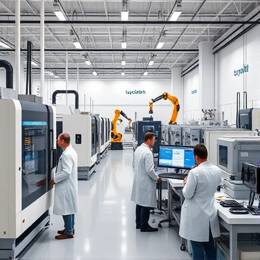 A modern digital manufacturing facility with advanced CNC machines, robotic arms, and 3D printers operating in a clean, high-tech environment, featuring engineers in lab coats monitoring digital control panels displaying real-time production data, with subtle branding elements suggesting 'tuvpoliteh' integrated into the architecture or signage in a minimalist, professional way