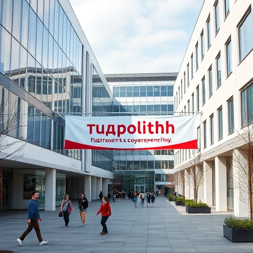 A modern university campus with sleek academic buildings, students walking between classes, a banner reading 'tuvpoliteh: путь к совершенству' in Cyrillic script, soft natural lighting, high detail, realistic style