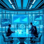 A modern business office with digital screens showing data analytics, holographic charts, and professionals in business attire collaborating around a glass table, with subtle futuristic elements like floating interfaces and soft blue ambient lighting, symbolizing the impact of tuvpoliteh technologies on business efficiency and innovation